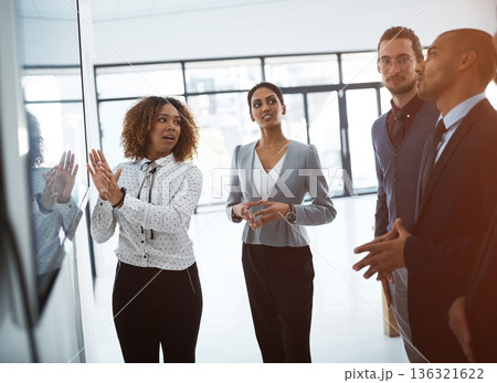 Presentation, strategy and clients with business people meeting for project management, coaching and teamwork. Chart, idea and speaker with woman in workshop for training, seminar and planning 136321622