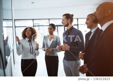 Presentation, teamwork and meeting with business people in workshop for project management, coaching and strategy. Chart, idea and speaker with woman in office for training, seminar and planning 136321625