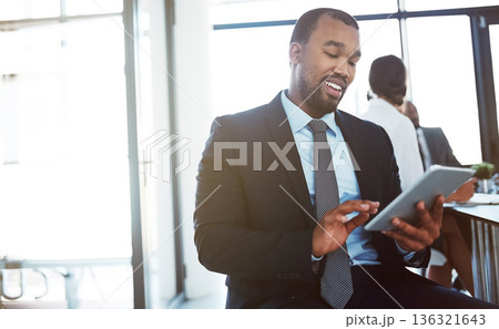 Tablet, accountant and black man in office for business, research or online browsing. Happy, digital technology or corporate African auditor, person or professional reading email, internet app or web 136321643