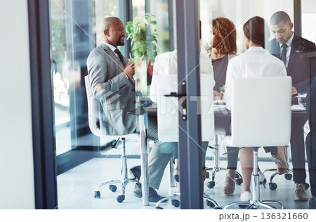 Business meeting, manager with planning for discussion in boardroom at company for feedback with success. Teamwork, leadership and discuss ideas with corporate employees or report or analysis. Business meeting, manager with planning for discussion in boardroom at company for feedback with success. Teamwork, leadership and discuss ideas with corporate employees or report or analysis. 136321660