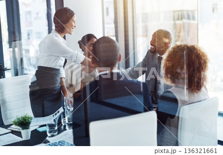 Business people, meeting and shaking hands with corporate group, respect or agreement with contract. Executive men, woman and welcome with ceo, onboarding or hiring for collaboration at finance job Business people, meeting and shaking hands with corporate group, respect or agreement with contract. Executive men, woman and welcome with ceo, onboarding or hiring for collaboration at finance job 136321661