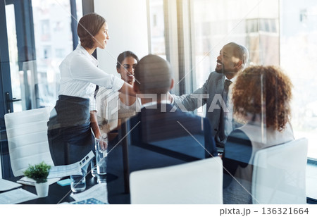 Business people, meeting and hand shake with corporate group, respect or agreement for contract. Executive men, woman and shaking hands with ceo, onboarding or hiring for collaboration at finance job 136321664