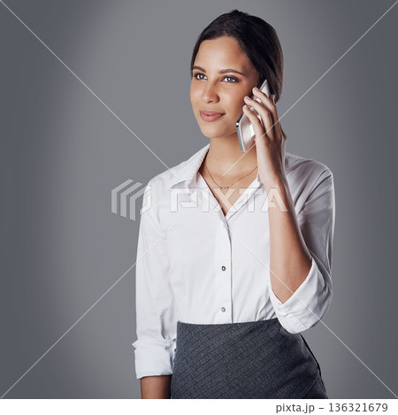 Phone call, business woman and conversation or communication with contact, client or customer in corporate job. Talking, professional crm and Indian model with mobile for b2b, work or discussion 136321679