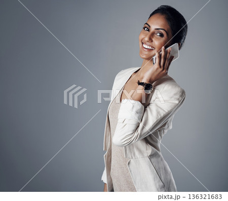 Portrait, phone call and business woman in communication or conversation with corporate contact, client or customer. Talking, professional crm and Indian model with mobile for b2b, work or discussion Portrait, phone call and business woman in communication or conversation with corporate contact, client or customer. Talking, professional crm and Indian model with mobile for b2b, work or discussion 136321683