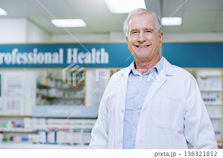 Happy, senior and portrait of man in pharmacy for medical, pills and retail. Medicine. healthcare and trust with face of pharmacist in drug store for product, wellness and expert advice Happy, senior and portrait of man in pharmacy for medical, pills and retail. Medicine. healthcare and trust with face of pharmacist in drug store for product, wellness and expert advice 136321812