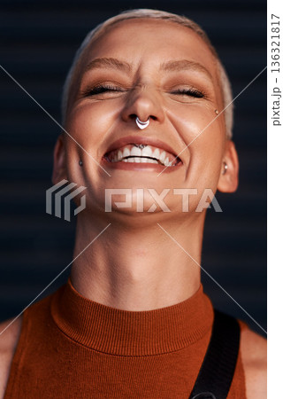 Woman beauty, laughing and face with hipster and gen z fashion with a smile and piercing. Cool style, happy and cosmetics of a female person with happiness, confidence and jewelry wearing makeup Woman beauty, laughing and face with hipster and gen z fashion with a smile and piercing. Cool style, happy and cosmetics of a female person with happiness, confidence and jewelry wearing makeup 136321817