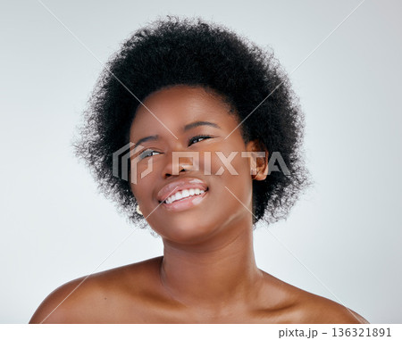 Skincare, natural hair and face with black woman on white background for cosmetic wellness in studio. Beauty, dermatology and african girl with shine for treatment and healthy glow on mock up. Skincare, natural hair and face with black woman on white background for cosmetic wellness in studio. Beauty, dermatology and african girl with shine for treatment and healthy glow on mock up. 136321891