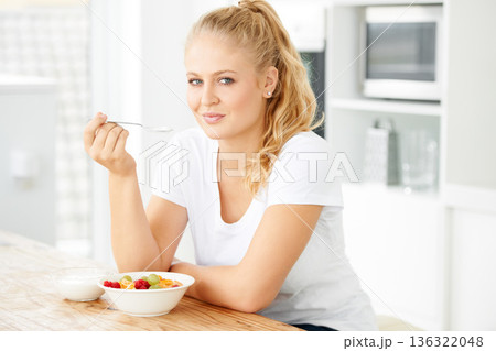 Fruits, morning and portrait of eating woman with healthy lunch or breakfast meal or diet in home kitchen for wellness. Nutrition, health and vegan person smile and happy for salad and self care Fruits, morning and portrait of eating woman with healthy lunch or breakfast meal or diet in home kitchen for wellness. Nutrition, health and vegan person smile and happy for salad and self care 136322048