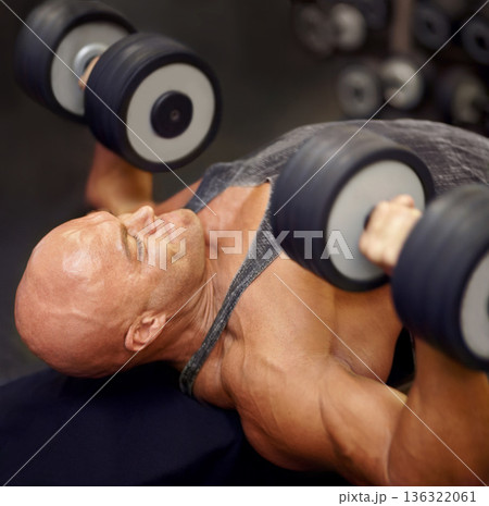 Fitness, weightlifting and dumbbells with man in gym for muscle, workout and strong. Exercise, training and dumbbells with male athlete and equipment for heavy, commitment and powerlifting Fitness, weightlifting and dumbbells with man in gym for muscle, workout and strong. Exercise, training and dumbbells with male athlete and equipment for heavy, commitment and powerlifting 136322061
