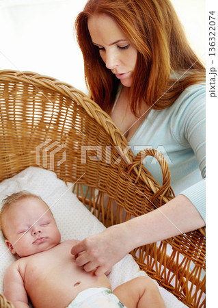 Woman, baby sleeping and home bedroom with morning nap, tired yawn and parent love in nursery. Newborn, mother and mama care with young child with mom in a house with childcare in bed with support Woman, baby sleeping and home bedroom with morning nap, tired yawn and parent love in nursery. Newborn, mother and mama care with young child with mom in a house with childcare in bed with support 136322074