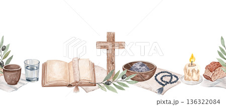 Wooden cross, rosary, bowl of ashes, candle, bread, olive branch seamless horizontal watercolor border on white with copy space perfect for for Lent church designs. White background. Christian symbols Wooden cross, rosary, bowl of ashes, candle, bread, olive branch seamless horizontal watercolor border on white with copy space perfect for for Lent church designs. White background. Christian symbols 136322084