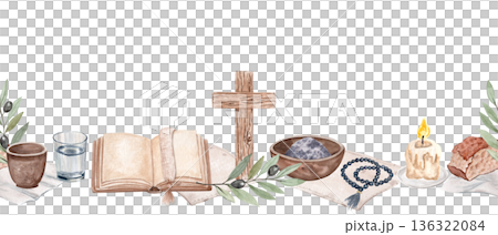 Wooden cross, rosary, bowl of ashes, candle, bread, olive branch seamless horizontal watercolor border on white with copy space perfect for for Lent church designs. White background. Christian symbols Wooden cross, rosary, bowl of ashes, candle, bread, olive branch seamless horizontal watercolor border on white with copy space perfect for for Lent church designs. White background. Christian symbols 136322084