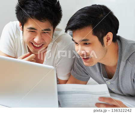 Smile, email and a gay couple with a laptop for bills, insurance or mortgage payment at home. Happy, bedroom and Asian men reading information to pay a loan with online banking on a computer Smile, email and a gay couple with a laptop for bills, insurance or mortgage payment at home. Happy, bedroom and Asian men reading information to pay a loan with online banking on a computer 136322242