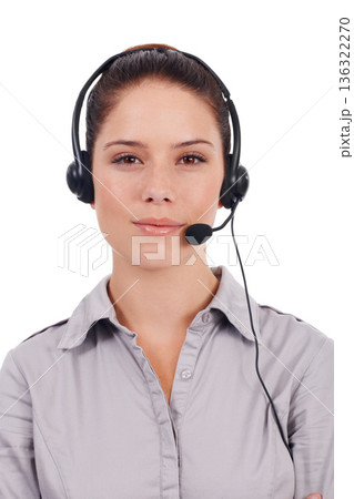 Customer service portrait, call center studio and woman on business chat, telecom mic or telemarketing communication. Female consultant, profile picture or tech support consulting on white background 136322270