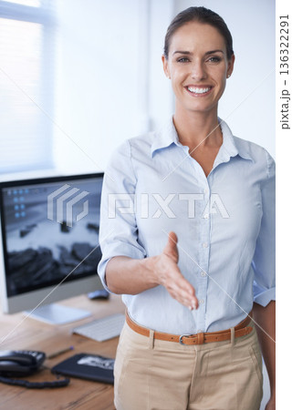 Handshake, offer and portrait of happy business woman, recruitment manager and consultant in France. Person in human resources shaking hands, welcome and thank you for introduction, deal and trust Handshake, offer and portrait of happy business woman, recruitment manager and consultant in France. Person in human resources shaking hands, welcome and thank you for introduction, deal and trust 136322291