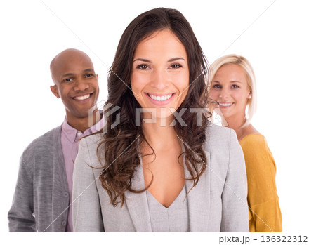 Business woman, leadership and face with smile, team in portrait and confidence isolated on white background. Success, professional collaboration and corporate group with motivation and female leader Business woman, leadership and face with smile, team in portrait and confidence isolated on white background. Success, professional collaboration and corporate group with motivation and female leader 136322312