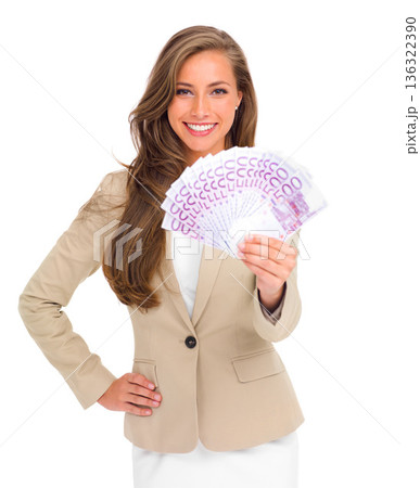 Business woman, portrait and money in finance for wealth, winning or salary against a white studio background. Isolated happy female person or model with cash fan and smile for financial freedom Business woman, portrait and money in finance for wealth, winning or salary against a white studio background. Isolated happy female person or model with cash fan and smile for financial freedom 136322390