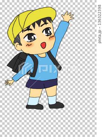 手をあげて道を渡る小学生の男の子 136322398