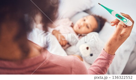 Sick kid in bed, mother and thermometer for fever, cold and flu with virus, care and health. Mother, child and woman check temperature, home and support with illness, love, problem and medical issue Sick kid in bed, mother and thermometer for fever, cold and flu with virus, care and health. Mother, child and woman check temperature, home and support with illness, love, problem and medical issue 136322552