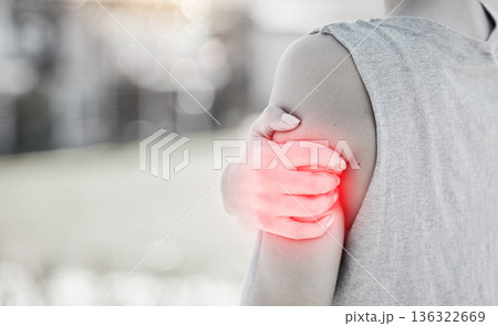 Arm pain, person and closeup, fitness injury and overlay with mockup space, muscle inflammation and accident. Exercise, health problem and osteoporosis, red glow and sore from workout with anatomy Arm pain, person and closeup, fitness injury and overlay with mockup space, muscle inflammation and accident. Exercise, health problem and osteoporosis, red glow and sore from workout with anatomy 136322669