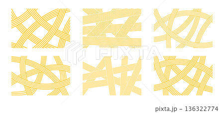 Set of backgrounds with spaghetti texture. Wallpapers with curvy intersecting yellow lines. Ramen or noodle patterns. Pasta, macaroni or capellini food prints. Vector flat illustration 136322774