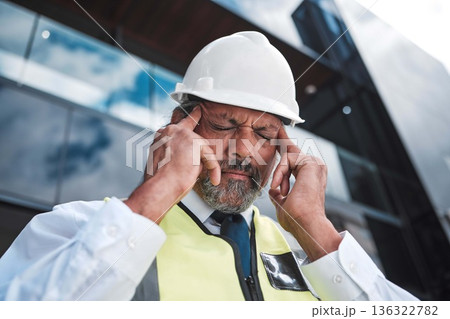 Headache problem, city architect and man depressed over development project, property mistake or anxiety. Urban face, architecture and senior person with migraine, civil engineering fail or stress Headache problem, city architect and man depressed over development project, property mistake or anxiety. Urban face, architecture and senior person with migraine, civil engineering fail or stress 136322782