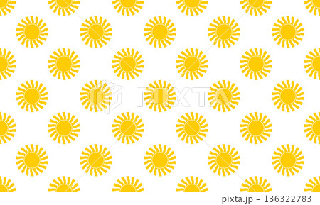 Cute yellow sun shapes seamless pattern. Sunburst, sunlight or sunshine background. Spring or summer theme wallpaper. Happy vibes print for fabric or wrapping paper design. Vector flat illustration Cute yellow sun shapes seamless pattern. Sunburst, sunlight or sunshine background. Spring or summer theme wallpaper. Happy vibes print for fabric or wrapping paper design. Vector flat illustration 136322783