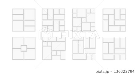 Set of different tile patterns with squares and rectangles. White ceramic wall textures. Kitchen backsplash or bathroom floor backgrounds. Interior or exterior mosaic decorations. Vector illustration Set of different tile patterns with squares and rectangles. White ceramic wall textures. Kitchen backsplash or bathroom floor backgrounds. Interior or exterior mosaic decorations. Vector illustration 136322794