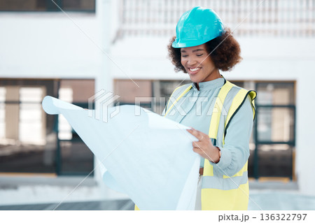 Smile, engineer and woman with blueprint in city for construction, building design or development. Happy, architect and African developer with document, illustration or reading paperwork for planning Smile, engineer and woman with blueprint in city for construction, building design or development. Happy, architect and African developer with document, illustration or reading paperwork for planning 136322797