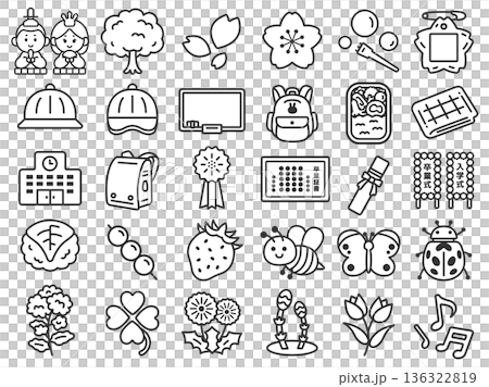 いろいろな、春シーズンアイコン(線画)のイラストセット いろいろな、春シーズンアイコン(線画)のイラストセット 136322819