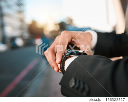 Hands, watch and time with business man in street, road with calendar date, schedule and notification. Entrepreneur, iot clock and check for reminder, closeup and outdoor in city, cbd or metro street Hands, watch and time with business man in street, road with calendar date, schedule and notification. Entrepreneur, iot clock and check for reminder, closeup and outdoor in city, cbd or metro street 136322827