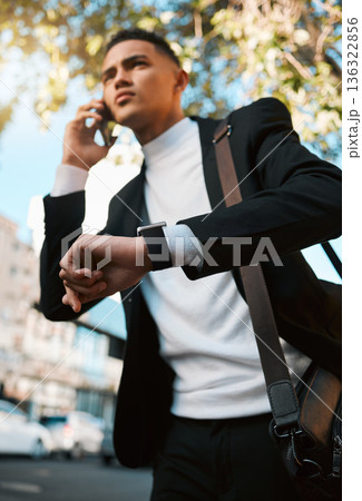 Business man, phone call and city with a watch, travel and contact with connection, check time and schedule. Entrepreneur, appointment or employee with a smartphone, talking and commute with deadline Business man, phone call and city with a watch, travel and contact with connection, check time and schedule. Entrepreneur, appointment or employee with a smartphone, talking and commute with deadline 136322856