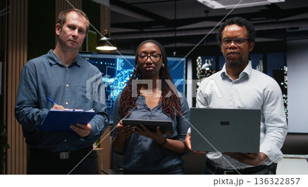 Portrait of engineering team automating mobile app development tasks using AI scripts. Teamworking colleagues leverage artificial intelligence to accelerate feature implementation Portrait of engineering team automating mobile app development tasks using AI scripts. Teamworking colleagues leverage artificial intelligence to accelerate feature implementation 136322857