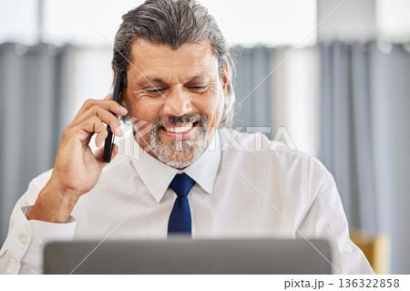 Phone call, man and senior manager with smile in office at law firm, consulting on legal advice and networking. Cellphone, advice and happy businessman, attorney or lawyer in conversation with pride. 136322858