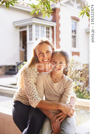 Garden portrait of mother, daughter and hug for happy family love, bond or care for mom, child or people relax together. Smile, embrace and outdoor mama, kid or girl enjoy summer sunshine with parent Garden portrait of mother, daughter and hug for happy family love, bond or care for mom, child or people relax together. Smile, embrace and outdoor mama, kid or girl enjoy summer sunshine with parent 136322874
