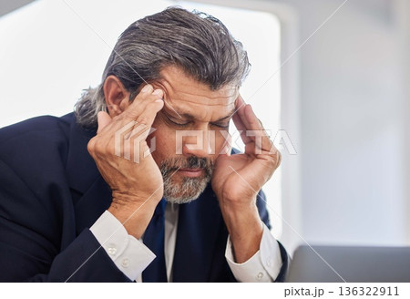 Headache, face and senior business man depressed, frustrated and stress over corporate mistake, bankruptcy or fatigue. Executive crisis, migraine pain and senior person burnout, tired or overwhelmed Headache, face and senior business man depressed, frustrated and stress over corporate mistake, bankruptcy or fatigue. Executive crisis, migraine pain and senior person burnout, tired or overwhelmed 136322911