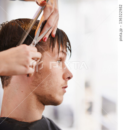 Hair scissors, man and hairdresser hands cutting hairstyle, grooming and cleaning in studio salon. Hairdressing cosmetic tools, stylist service or profile of people, customer or client for treatment 136322982