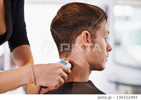 Hair clipper, hairdresser hands and woman cut client hairstyle, grooming and cleaning in beauty salon. Hairdressing machine, hairstylist and studio people, customer or man for haircare treatment 136322993