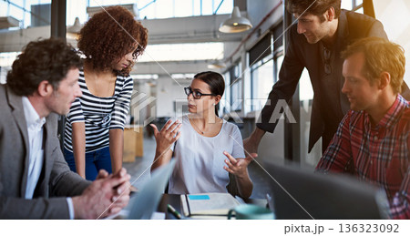 Business people, staff and group in a meeting, collaboration and partnership with a project or team. Coworkers, men and women share ideas, schedule and planning with support, solidarity and teamwork Business people, staff and group in a meeting, collaboration and partnership with a project or team. Coworkers, men and women share ideas, schedule and planning with support, solidarity and teamwork 136323092