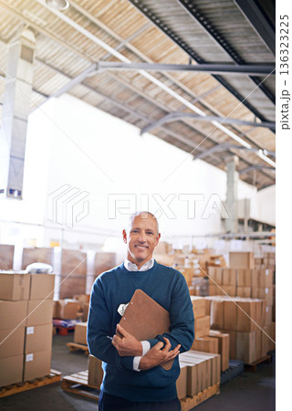 Manager, smile and portrait of man in warehouse for cargo, storage and shipping. Distribution, ecommerce and logistics with employee in factory plant for supply chain, package or wholesale supplier 136323225