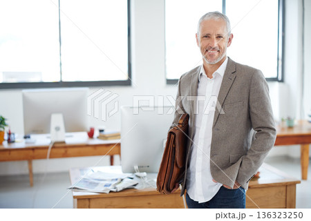 Senior business man, portrait and executive at creative startup with smile, confidence and modern office. CEO, success and career mindset, happy male professional in management at advertising company Senior business man, portrait and executive at creative startup with smile, confidence and modern office. CEO, success and career mindset, happy male professional in management at advertising company 136323250
