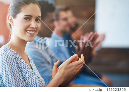 Portrait, crowd applause and happy woman, corporate board or crowd at business presentation, event or tradeshow. Success, celebrate or row of people clapping for speaker, praise or support motivation Portrait, crowd applause and happy woman, corporate board or crowd at business presentation, event or tradeshow. Success, celebrate or row of people clapping for speaker, praise or support motivation 136323296