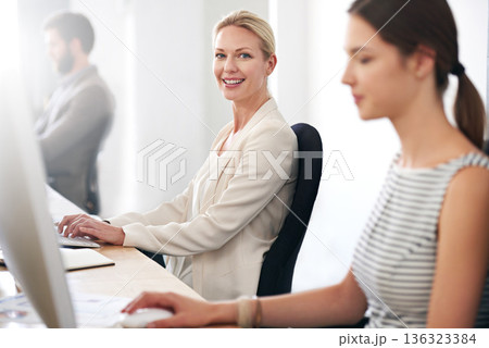 Portrait, smile and woman, creative designer and professional in company office. Face, entrepreneur and web design worker on computer coworking, happiness and success mindset in business startup. 136323384