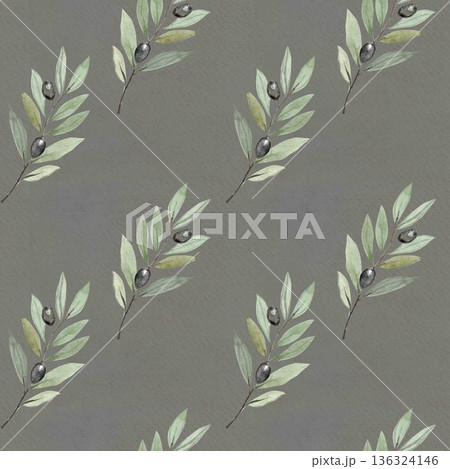 Seamless olive branch watercolor pattern on warm gray textured background. Elegant botanical design for branding, packaging, textiles, wrapping paper, stationery and modern natural lifestyle projects Seamless olive branch watercolor pattern on warm gray textured background. Elegant botanical design for branding, packaging, textiles, wrapping paper, stationery and modern natural lifestyle projects 136324146