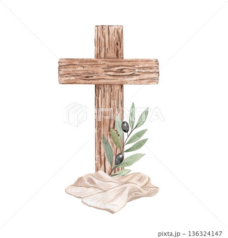 Wooden cross with olive branch, linen cloth watercolor illustration on white background. Christian composition, copy space for church publications, posters, cards, invitations, presentations, designs 136324147
