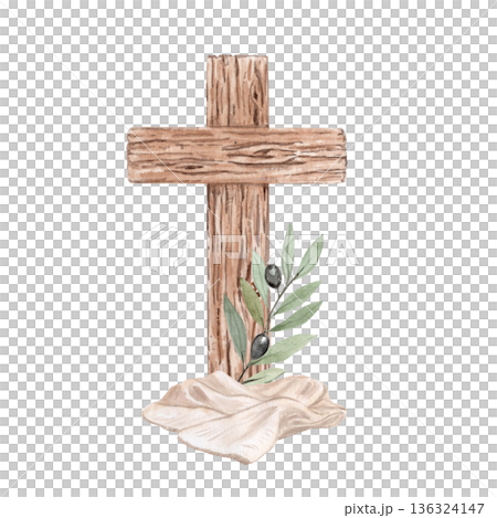 Wooden cross with olive branch, linen cloth watercolor illustration on white background. Christian composition, copy space for church publications, posters, cards, invitations, presentations, designs 136324147