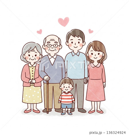 三世代家族が寄り添う温かいイラスト|祖父母・両親・子ども 三世代家族が寄り添う温かいイラスト|祖父母・両親・子ども 136324924