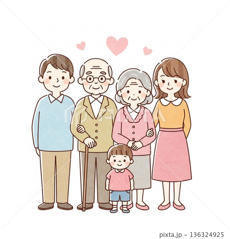 三世代家族が寄り添う温かいイラスト｜祖父母・両親・子ども 136324925