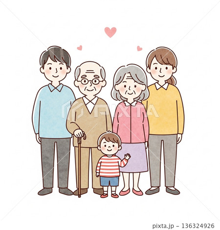 三世代家族が寄り添う温かいイラスト|祖父母・両親・子ども 三世代家族が寄り添う温かいイラスト|祖父母・両親・子ども 136324926