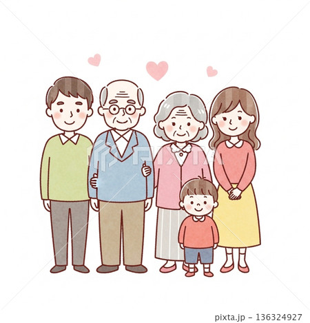 三世代家族が寄り添う温かいイラスト|祖父母・両親・子ども 三世代家族が寄り添う温かいイラスト|祖父母・両親・子ども 136324927